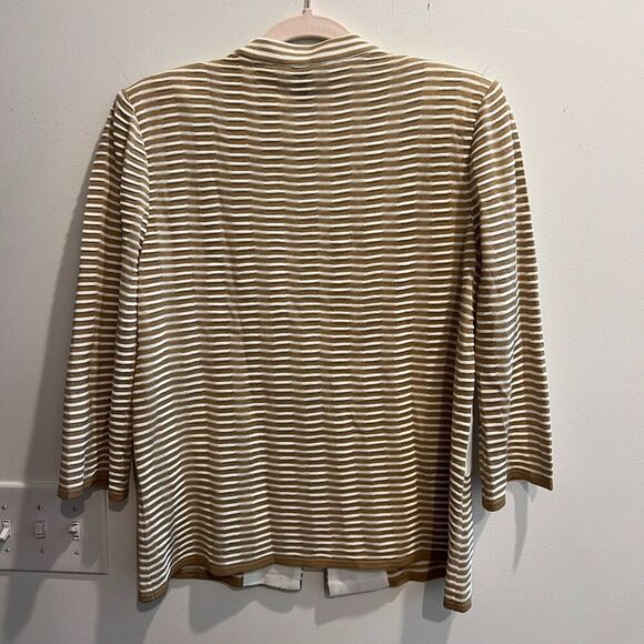 Ming Wang Womens Brown Cardigan M Pique Striped Knit V Neck Preppy 3/4 Sleeve - Picture 2 of 8